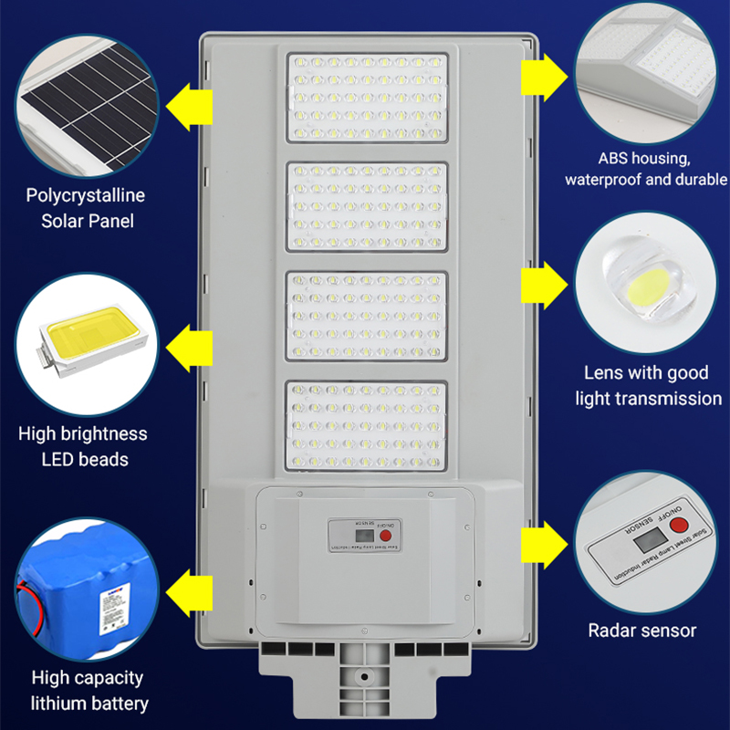 ເຊັນເຊີການເຄື່ອນໄຫວ 100w 200w 300w ກະດານແສງອາທິດແສງຕາເວັນ Street Light