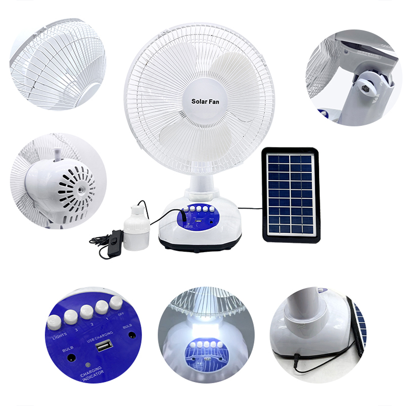 Cooling Rechargeable Fan ພັດລົມຕາຕະລາງພະລັງງານແສງອາທິດທີ່ມີແຜງພະລັງງານແສງອາທິດສໍາລັບການຕັ້ງແຄ້ມເຮືອນ RV